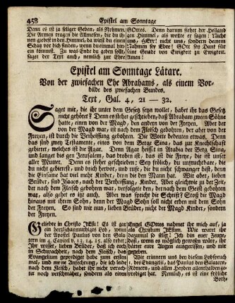 Epistel am Sonntage Lätare. Von der zwiefachen Ehe Abrahams, als einem Vorbilde des zwiefachen Bundes. Text. Gal. 4, 21-32.