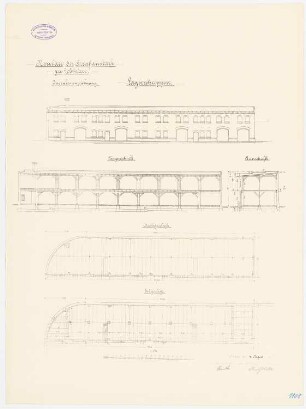 Gefängnis, Wohlau: Lagerschuppen: Grundriss Erdgeschoss, Dachgeschoss, Aufriss, Längsschnitt, Querschnitt 1:150