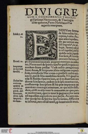 Divi Gregorii cognomento theologi episcopi Nazanzeni, de Theologia liber quintus, Petro Mosellano Protegense interprete