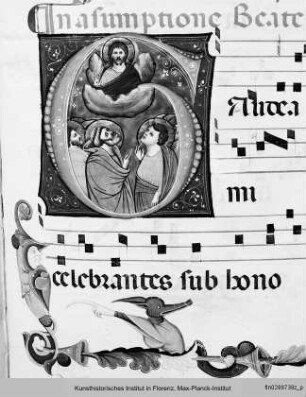 Chorbuch : Buchseite mit vierzeiligen Neumen, Text und historisierter Initiale G (?) mit Christi Himmelfahrt