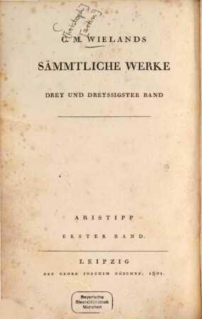 C. M. Wielands Sämmtliche Werke, 33. Aristipp : Erster Band