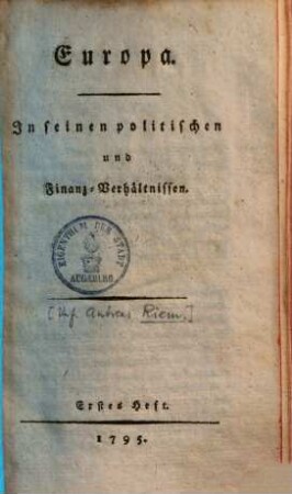 Europa. In seinen politischen und Finanz-Verhältnissen, 1