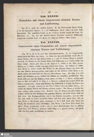 Tab. XXXVII. Grundofen mit einem eingsetzten eisernen Kasten und Luftheizung