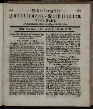 XXXIX. Stück. Sonnabends : den 23. September 1780.