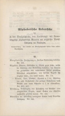 Alphabetische Uebersicht der in dem Strafgesetzbuche, dem Einführungs- und Competenzgesetze abgehandelten Materien mit möglicher Berücksichtigung der Analogien
