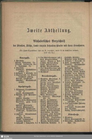 Zweite Abtheilung. Häuserbuch : Zweite Abtheilung. Alphabetisches Verzeichniß der Straßen, Plätze, sowie einzeln stehenden Häuser mit ihren Bewohnern