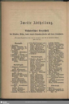 Zweite Abtheilung. Häuserbuch : Zweite Abtheilung. Alphabetisches Verzeichniß der Straßen, Plätze, sowie einzeln stehenden Häuser mit ihren Bewohnern