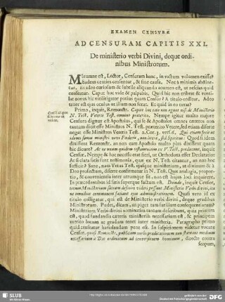 Ad Censuram Capitis XXI. De ministerio verbi Divini, deque ordinibus Ministrorum