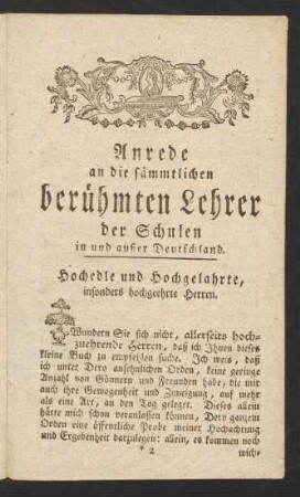 Anrede an die sämmtlichen berühmten Lehrer der Schulen in und außer Deutschland.