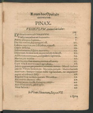 Rerum hoc Opusculo contentarum: Pinax. Vehiculum Animae haec habet: