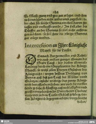 Intercession an Ihre Königliche Mayest: für die Tausser