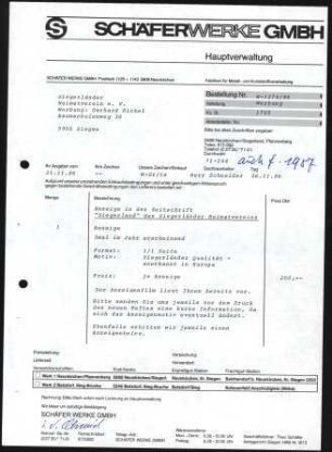 Firmenbriefkopf Schäferwerke GMBH, Hauptverwaltung, Fabriken für Metall - und Kunststoffverarbeitung