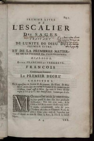 Premier Livre ... . Traitant De L'Unite De Dieu. Du Premier Estre. ... Le Premier Degre'.