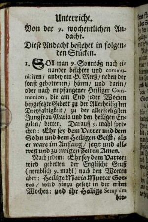 Unterricht. Von der 9. wochentlichen Andacht. Diese Andacht bestehet in folgenden Stücken