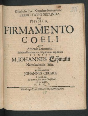 Exercitatio Secunda, Eaq[ue] Physica, De Firmamento Coeli