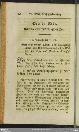 Sechste Rede. Ueber die Ehrerbietung gegen Gott