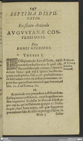 Septima Disputatio. Ex sexto Articulo Augustanae Confessionis