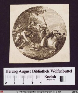 Ein gestürzter Reiter wird von drei Männern attackiert.