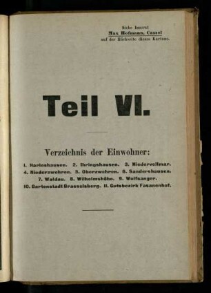 Verzeichnis der Einwohner: Harleshausen, Ihringshausen, Niedervellmar, Niederzwehren, Oberzwehren, Sandershausen, Waldau, Wilhelmshöhe, Wolfsanger, Gartenstadt Brasselsberg, Gutsbezirk Fasanenhof