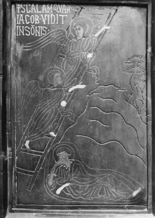Tür des Hauptportals, linke Seite, Detail: Die Jakobsleiter (Reihe 3, Tafel 1)