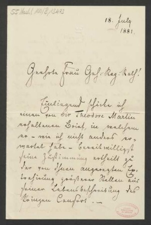 Brief an Minna Strecker : 18.07.1881