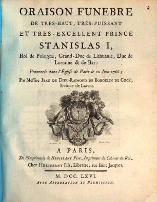 Oraison funebre de très-haut ... prince Stanislaus I. Roi de Pologne