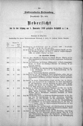 Drucksache 325: Uebersicht der in der Sitzung am 8. November 1899 gefaßten Beschlüsse u.s.w., 8. November 1899