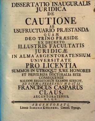 Diss. inaug. iur. de cautione ab usufructuario praestanda