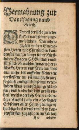 Vermahnung zu Dancksagung unnd Gebeth.