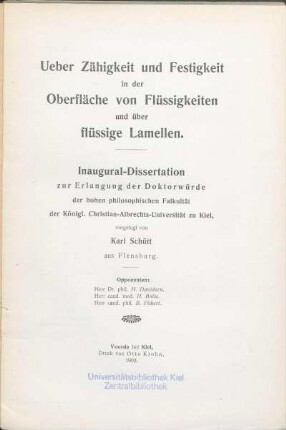 Ueber Zähigkeit und Festigkeit in der Oberfläche von Flüssigkeiten und über flüssige Lamellen