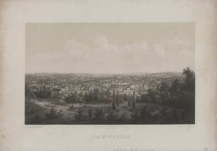 Ansicht von Crimmitschau, Lithographie, um 1860 : Crimmitschau / aufgenommen u. lith. v. G. Frank. - Crimmitschau : Burkhardt , [um 1860]. - 1 Kunstbl. : getönte Lithogr. ; 56 x 34 cm