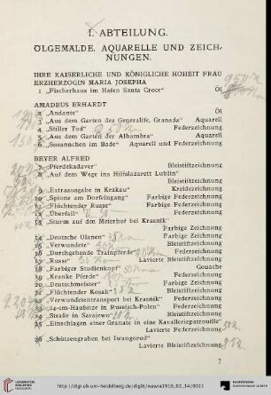 I. Abteilung: Ölgemälde, Aquarelle und Zeichnungen (Nr. 1-262)