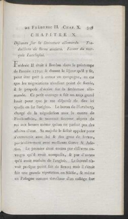 Chapitre X. Discours sur la littérature allemande. Traductions de livres anciens. Faveur du marquis Lucchesini