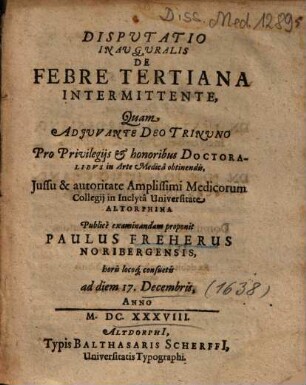 Disputatio inauguralis de febre tertiana intermittente