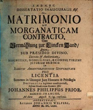 Diss. inaug. de matrimonio, ad morganaticam contracto, von Vermählung zur lincken Hand