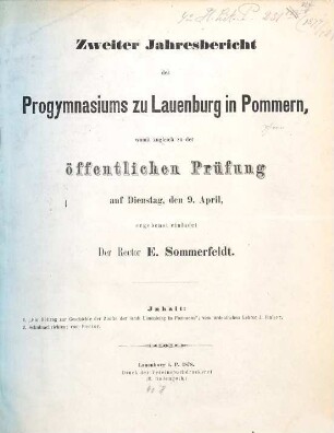 Jahresbericht des Progymnasiums zu Lauenburg in Pommern : für das Schuljahr .... 1877/78 = Jahresb. 2