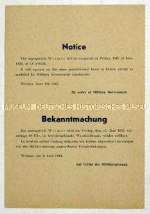 Bekanntmachung auf Befehl der Amerikanischen Militärregierung zur Wiedereröffnung des Amtsgerichtes von Weimar, in englischer und deutscher Ausfertigung
