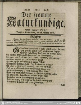 Der fromme Naturkundige. Das neunte Stück. Dantzig, Sonnabends, den 23. August.1738