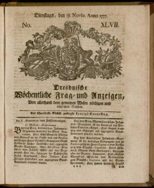Dienstags, den 18. Novbr. Anno 1777. No. XLVII. - Dienstags, den 30. Decbr. Anno 1777. No. LIII.