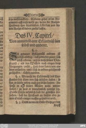 Das IV. Capitel, Von unmittelbarer Erkäntnüß sein selbst und anderer.
