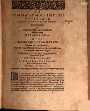 Volumen ... Disputationum Iuridicarum Selectiorum: Ex difficilimis & utiliss. Iurium materiis Desumtarum: a Clariss. & Praestantiss. Viris in celeberrima Basil. Acad. publice Propositarum : In ordinem huncce, quantum fieri potuit, Redactarum: & nunc denuo In gratiam plurimorum LL. Studiosorum, maxime Haec desiderantium, Recusarum: Per Joan. Jacobum Genathium, praedictae Acad. Typographum ... ; indicem singularum sequentes monstrabunt pagellae, 1/2