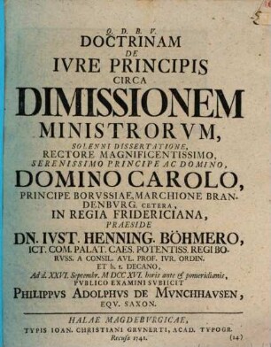 Doctrinam De Ivre Principis Circa Dimissionem Ministrorvm