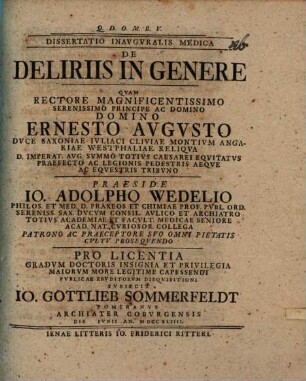 Dissertatio inavgvralis medica de deliriis in genere
