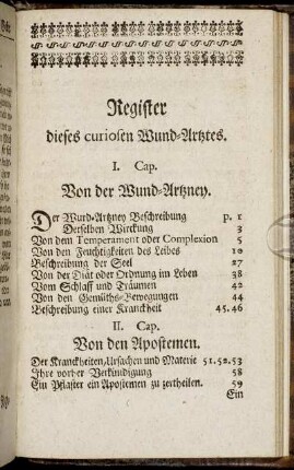 Register dieses curiosen Wund-Artztes.