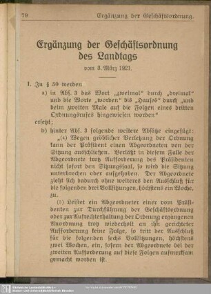 Ergänzung der Geschäftsordnung des Landtags vom 3. März 1921