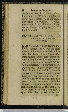 Clarissimo Viro Dom. Rogero Aschamo Ioannes Sturmius
