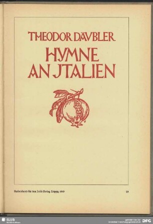 Buchumschlag "Hymne an Italien", Insel-Verlag Leipzig