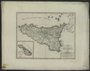 Karte von Sizilien und Malta, ca. 1:670 000, Kupferstich, 1801