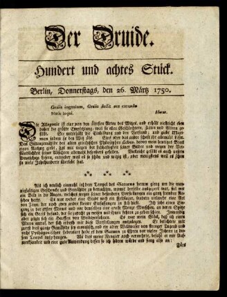 Hundert und achtes Stück. Berlin, Donnerstags, den 26. Märtz 1750