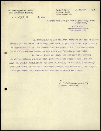 G. Rodenwaldt an Sekretariat DAI Athen